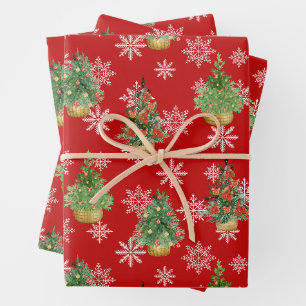 Weihnachtsbäume und Schneeflocken Rot  Geschenkpapier Set