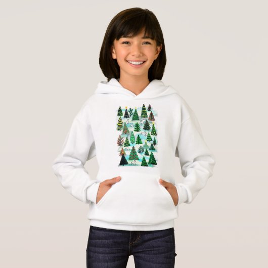Weihnachtsbäume und Schneehasen Hoodie (Vorne ganz)