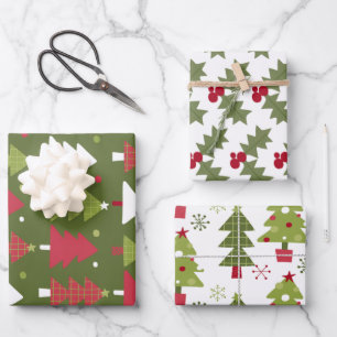 Weihnachtsbäume und Stechpalmen Rot und Grün Geschenkpapier Set