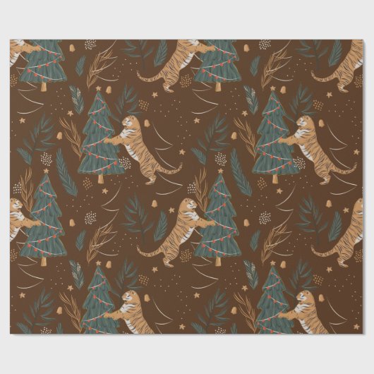 Weihnachtsbäume und Tiger-Muster brauner Hintergru Geschenkpapier (Flach)