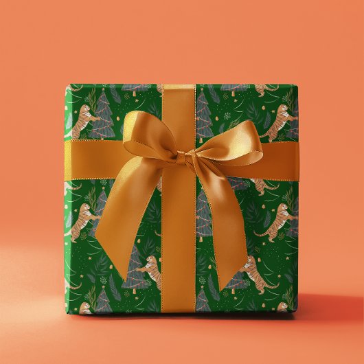Weihnachtsbäume und Tiger Muster Grüner Hintergrun Geschenkpapier