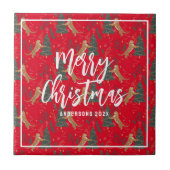 Weihnachtsbäume und Tiger Muster roten Hintergrund Fliese (Vorderseite)