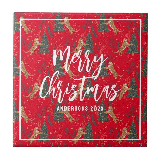 Weihnachtsbäume und Tiger Muster roten Hintergrund Fliese (Vorderseite)