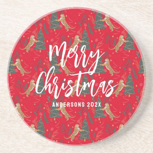 Weihnachtsbäume und Tiger Muster roten Hintergrund Getränkeuntersetzer (Vorne)
