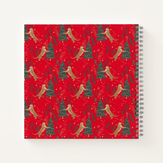 Weihnachtsbäume und Tiger Muster roten Hintergrund Notizblock (Rückseite)