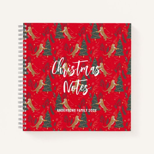 Weihnachtsbäume und Tiger Muster roten Hintergrund Notizblock (Vorderseite)