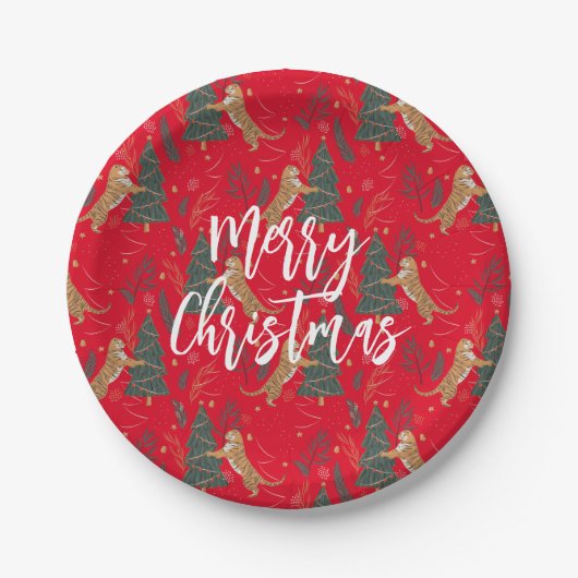 Weihnachtsbäume und Tiger Muster roten Hintergrund Pappteller (Vorderseite)