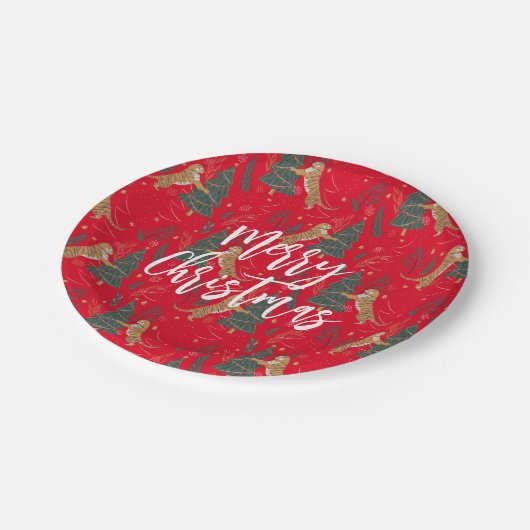 Weihnachtsbäume und Tiger Muster roten Hintergrund Pappteller (Schrägansicht)