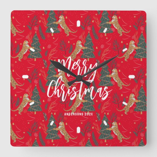 Weihnachtsbäume und Tiger Muster roten Hintergrund Quadratische Wanduhr (Vorderseite)