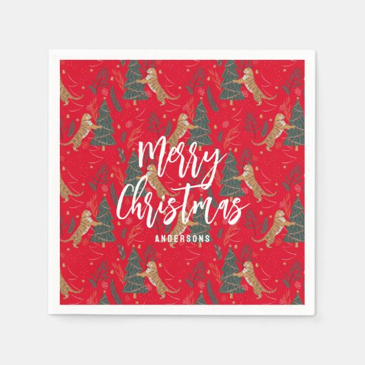 Weihnachtsbäume und Tiger Muster roten Hintergrund Serviette (Vorderseite)