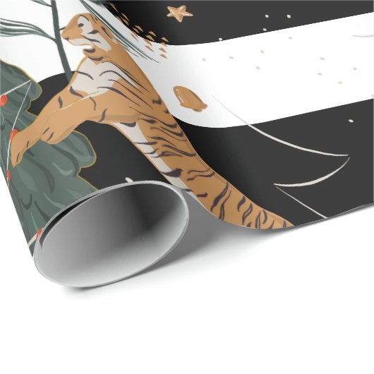 Weihnachtsbäume und Tiger Schwarz-weiße Streifen Geschenkpapier (Rolleneckpunkt)