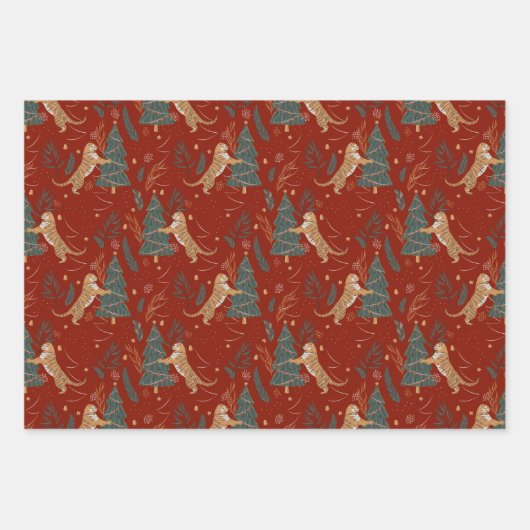 Weihnachtsbäume und Tigermuster Geschenkpapier Set (Vorderseite)