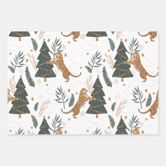 Weihnachtsbäume und Tigermuster Geschenkpapier Set (Vorderseite)