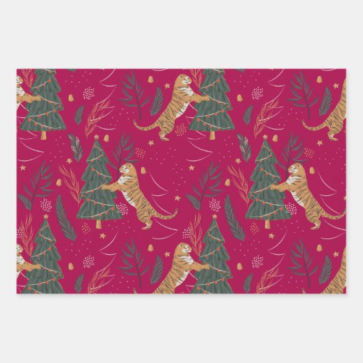 Weihnachtsbäume und Tigermuster Geschenkpapier Set (Vorderseite)