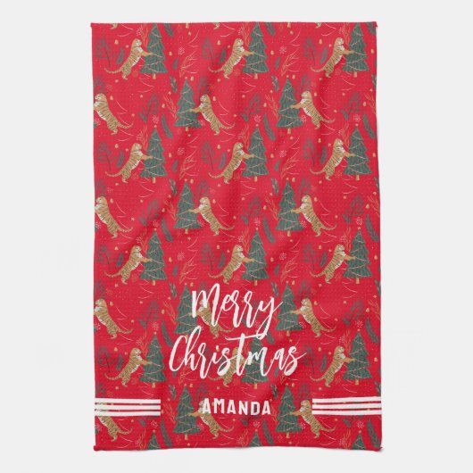 Weihnachtsbäume und Tigermuster Geschirrtuch (Vertikal)