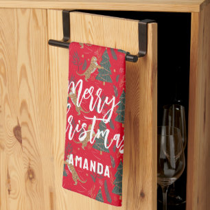 Weihnachtsbäume und Tigermuster Geschirrtuch