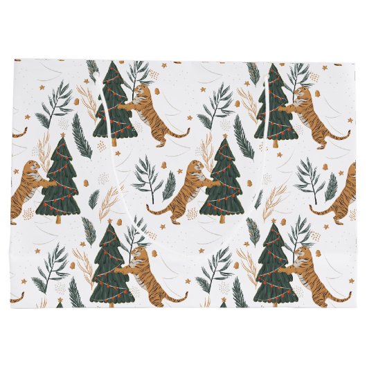 Weihnachtsbäume und Tigermuster Große Geschenktüte (Rückseite)