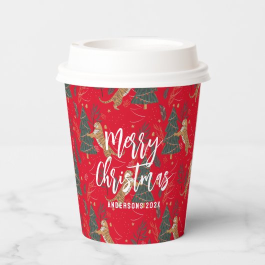 Weihnachtsbäume und Tigermuster Pappbecher (Rückseite)