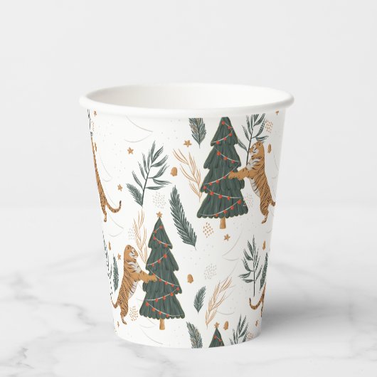 Weihnachtsbäume und Tigermuster Pappbecher (Vorderseite)