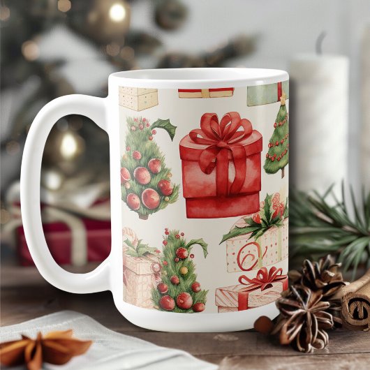 Weihnachtsbäume und Weihnachtsgeschenke im Vintage Kaffeetasse