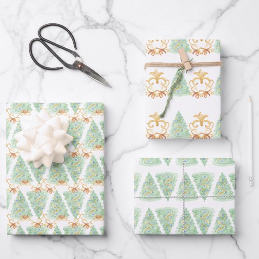 Weihnachtsbäume Wasserfarbe Gold Jahrtausende alt Geschenkpapier Set (Vorderseite)