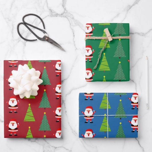 Weihnachtsbäume & Weihnachtsklauseln Set von 3 Geschenkpapier Set (Vorderseite)