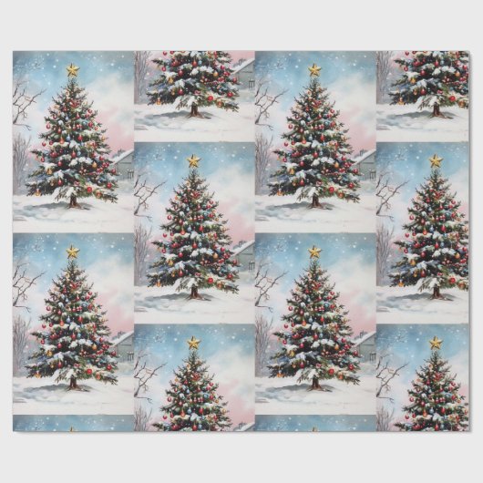 Weihnachtsbäume Winterschneelandschaft Geschenkpapier (Flach)