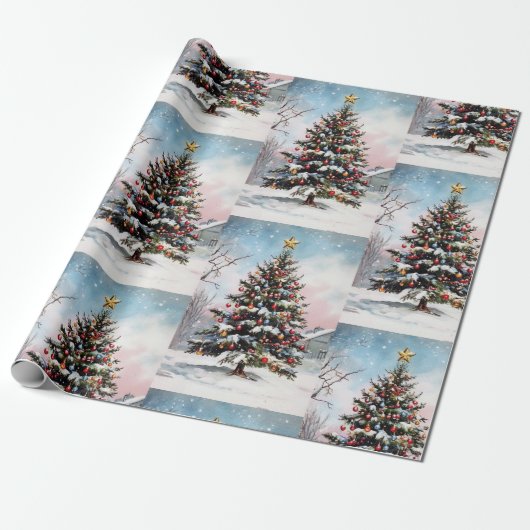 Weihnachtsbäume Winterschneelandschaft Geschenkpapier (Ungerollt)