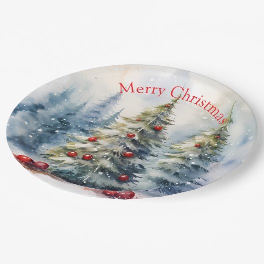 Weihnachtsbäume Winterschneelandschaft Pappteller (Schrägansicht)