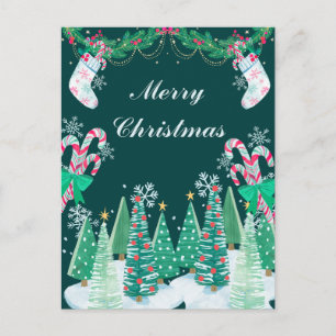 Weihnachtsbäume, Zuckerstangen und Strümpfe Feiertagspostkarte