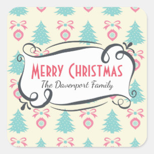 Weihnachtsbaumen, Bögen & Baubles Muster Quadratischer Aufkleber