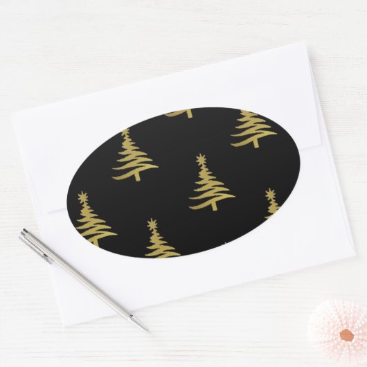 Weihnachtsbaumen Gold auf schwarz Ovaler Aufkleber (Umschlag)