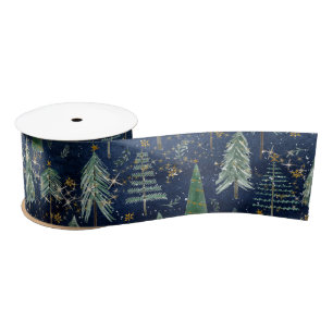 Weihnachtsbaumen Gold Twinkle Stars Navy Blue Wood Satinband