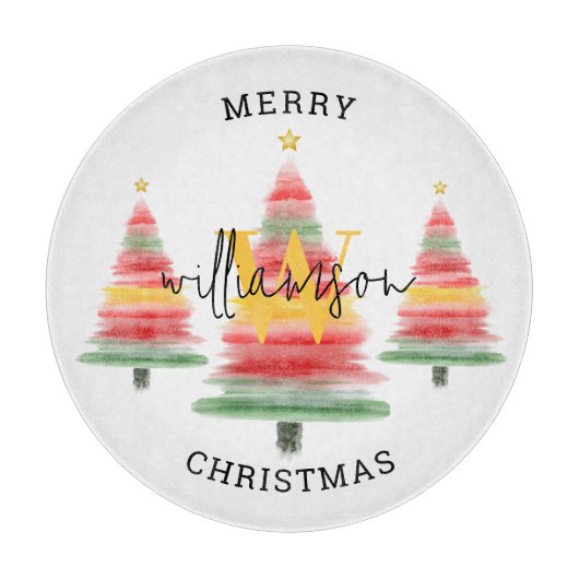 Weihnachtsbaumen in Aquarellen Monogramm Schneidebrett (Vorderseite)