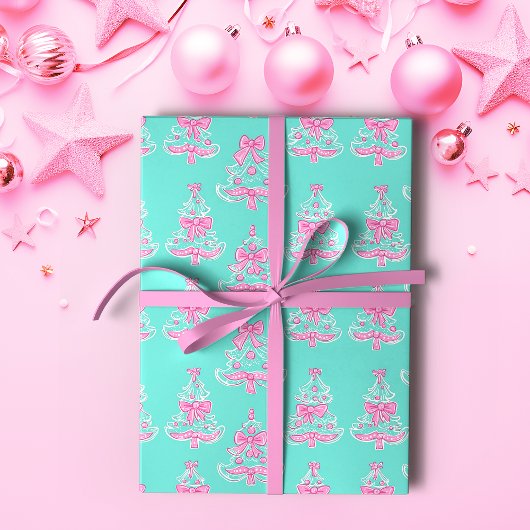 Weihnachtsbaumen in Rosa und Minze Coquette Geschenkpapier