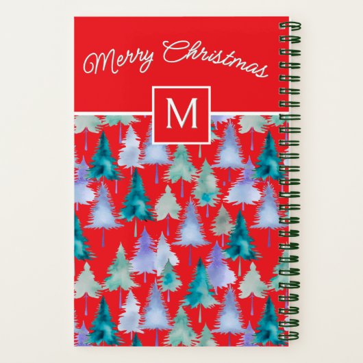 Weihnachtsbaumen Muster Festrot Mit Monogramm Notizblock (Rückseite)