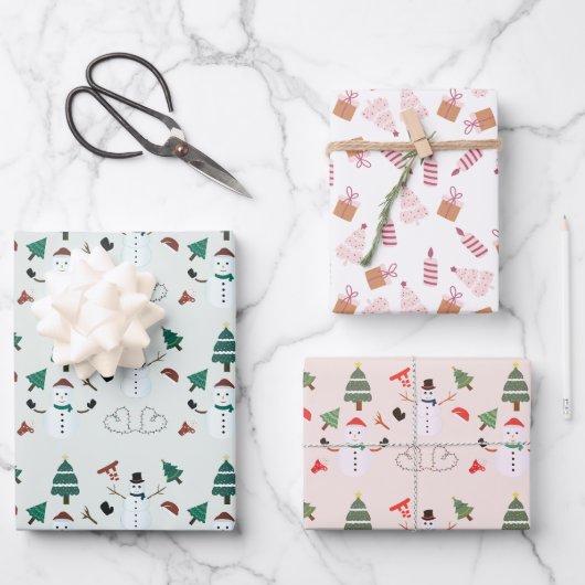 Weihnachtsbaumen Snowmen Kerzen Vorstellung Weihna Geschenkpapier Set (Vorderseite)