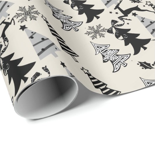 Weihnachtsbaumen Wrapping Papier Beige Schwarz Geschenkpapier (Rolleneckpunkt)