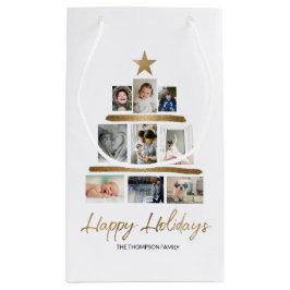 Weihnachtsbaumfamilie Foto Collage Happy Holidays Kleine Geschenktüte