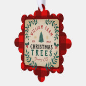 Weihnachtsbaumfarm Pine Trees Bauernstil Ornament Karte (Linke Ecke)