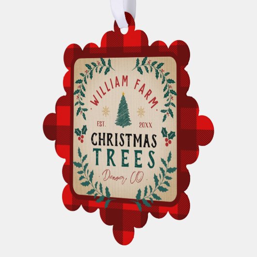 Weihnachtsbaumfarm Pine Trees Bauernstil Ornament Karte (Linke Ecke)