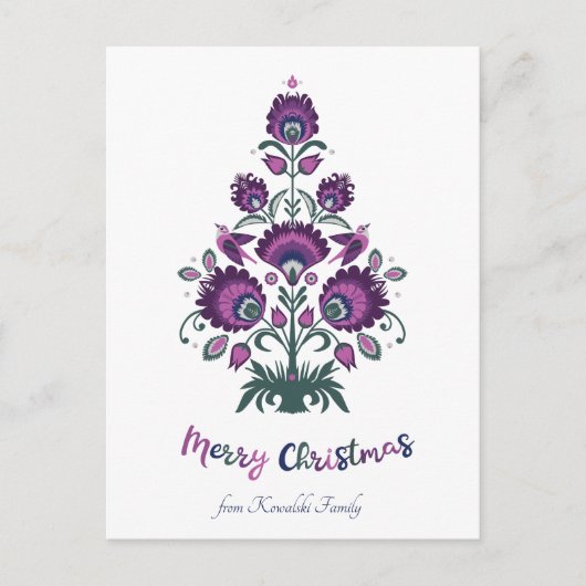 🎄 Weihnachtsbaumfolklore [lila, grau ] Feiertagspostkarte (Vorderseite)