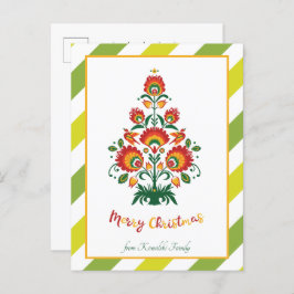 🎄 Weihnachtsbaumfolklore [rot, gelb] auf Streifen Feiertagspostkarte