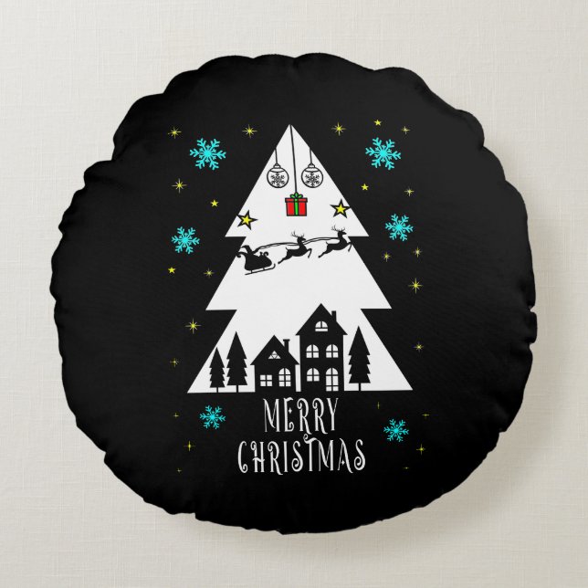Weihnachtsbaumgestaltung mit Schlittenschwarz Rundes Kissen (Vorderseite)
