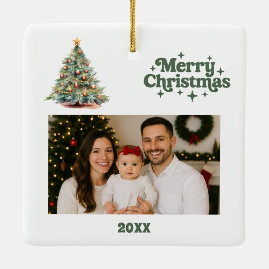 Weihnachtsbaumgrün, weißes Foto Keramikornament (Rückseite)