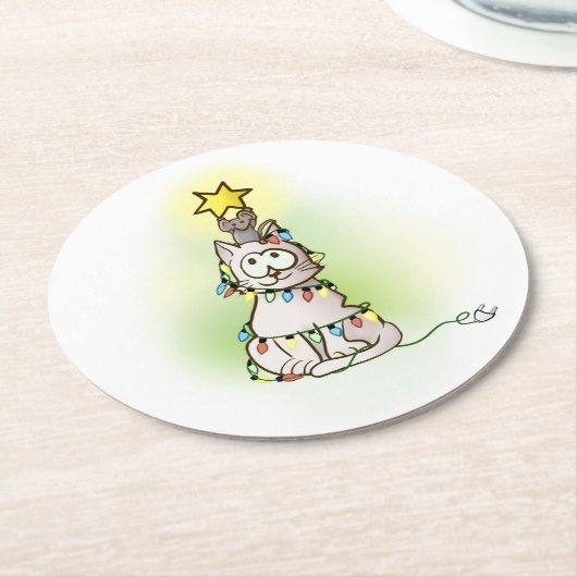 Weihnachtsbaumkatze und Maus mit Shiny Star Ceram Runder Pappuntersetzer (Angewinkelt)