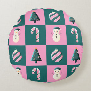 Weihnachtsbaumkerzenschneemann, rosa Cyan Rundes Kissen
