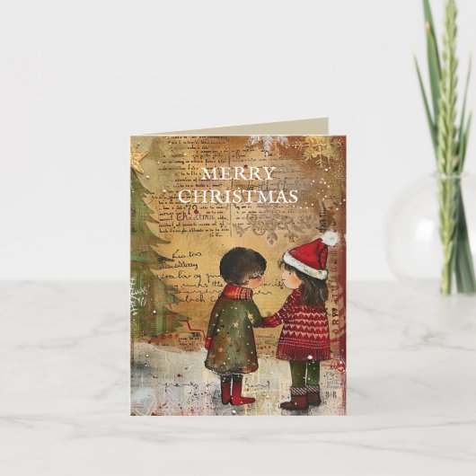 Weihnachtsbaumkinder Winterschnee Feiertagskarte (Vorderseite)