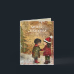 Weihnachtsbaumkinder Winterschnee Feiertagskarte<br><div class="desc">Geschlossene Weihnachtsgrüßkarte mit dem Gemälde zweier im Schnee stehender Kinder vor einem Weihnachtsbaum. Text sagt, "Frohe Weihnachten", aber ist für Ihre eigenen Gruß anpassbar. Personalisiert auf der Rückseite mit Ihrer Nachricht und Ihrem Namen. Kontaktieren Sie mich für Hilfe bei Ihrer Anpassung oder um zusätzliche Matching oder Koordination von Zazzle Produkten...</div>