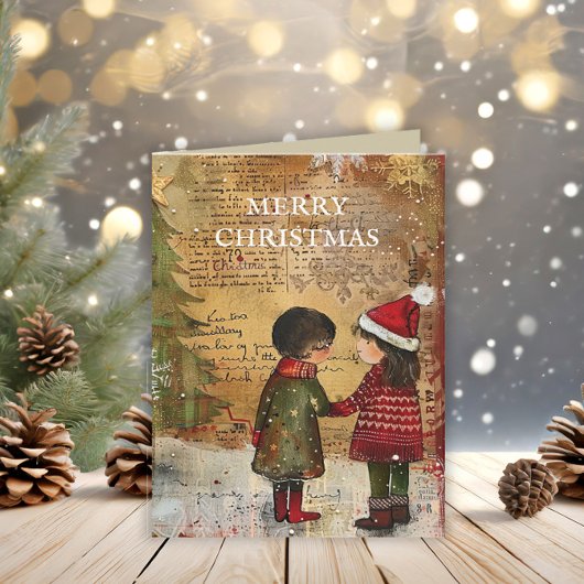 Weihnachtsbaumkinder Winterschnee Feiertagskarte